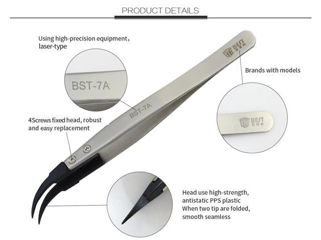 BST-7A Replaceable Tweezer Anti-Static Stainless Steel Series Tweezer Vaper ForcepsSet Precision Electronic Forceps Repair Tool