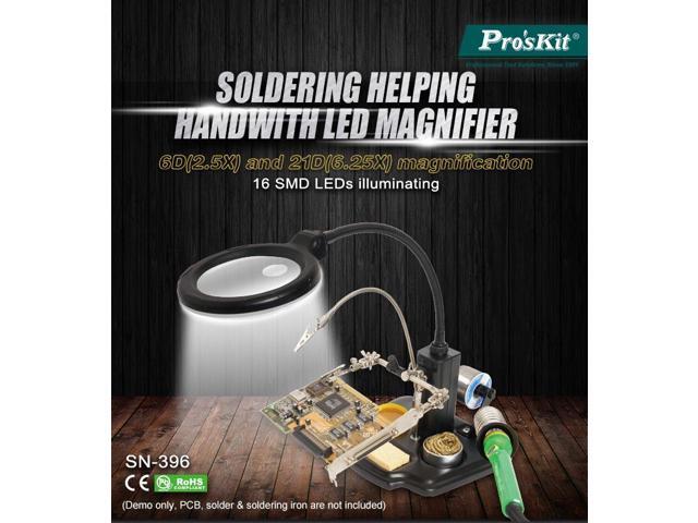 Pro'sKit SN-396 Magnifying Glass LED Lights Magnifier with Soldering Iron Stander Clamp Alligator For BGA Soldering Repair
