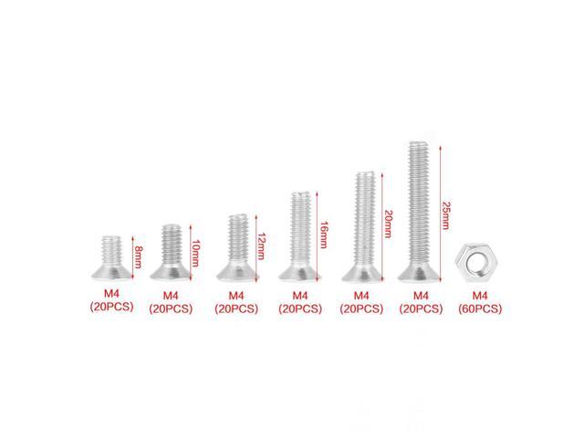180pcs/set M4 Screws Nuts 304 Stainless Steel Flat Head Bolt Screws Nuts Assortment Kit Woodworking Tools Fastener Hardware