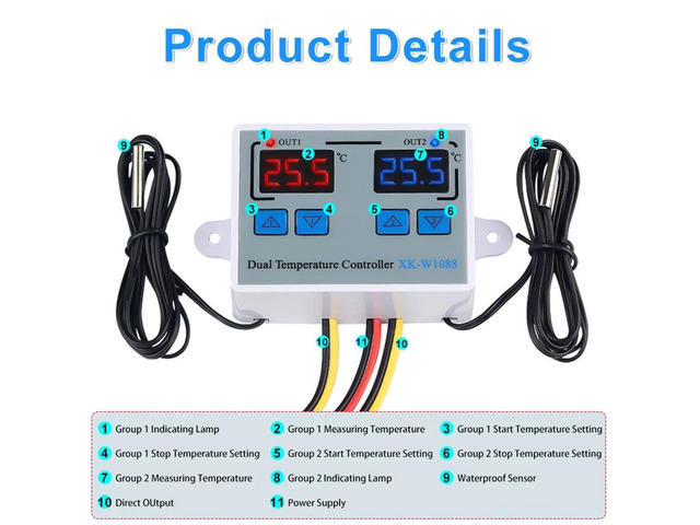 Dual Digital Thermostat Temperature Controller Two Relay Output Thermoregulator for incubator Heating Cooling XK-W1088 - AC110V-220V