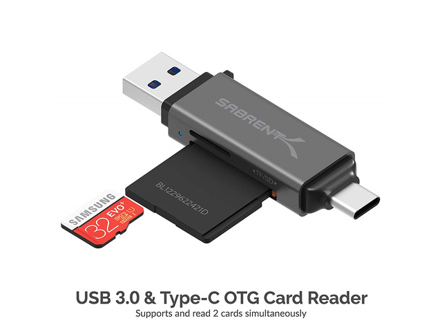 SABRENT USB 3.0 and USB Type-C OTG Card Reader Supports SD, SDHC, SDXC, MMC/MicroSD, T-Flash (CR-BCA2)