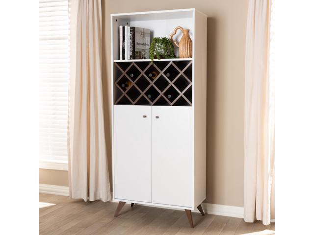 Baxton Studio Serafino Mid-Century Modern White and Walnut Finished Wood Wine Cabinet