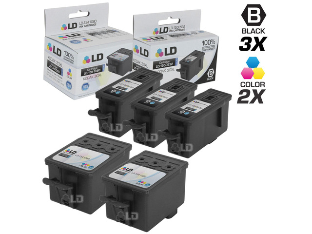 LD Compatible Replacement for Kodak 30XL / 30 5 Pk HY Ink Cartridges Includes:3 1550532 Black & 2 1341080 Color for use in ESP C110, C310, C315,...