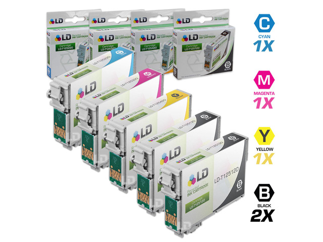 LD Remanufactured Replacement for Epson T125 5-Set Ink Cartridges: 2 Black T125120 & 1 each of Cyan T125220 / Magenta T125320 / Yellow T125420