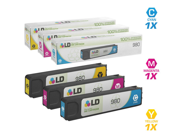 LD Remanufactured Replacement for Hewlett Packard 980 Set of 3 Ink Cartridges Includes: 1 Cyan D8J07A, 1 Magenta D8J08A, and 1 Yellow D8J09A