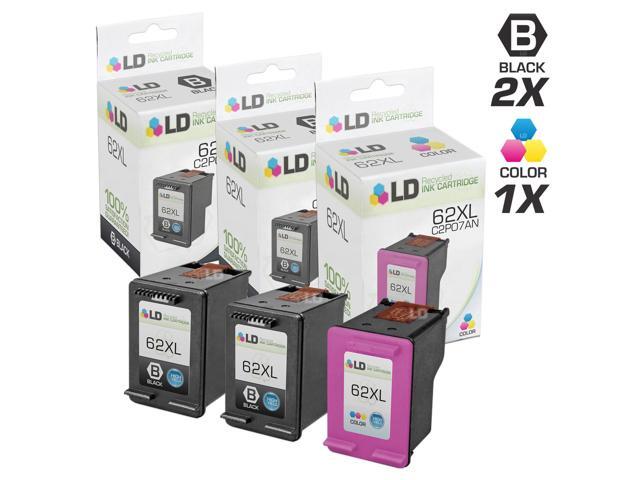 LD Remanufactured Replacements for Hewlett Packard 62XL 3PK Ink Cartridges:2 C2P05AN Black,& 1 C2P07AN Color for ENVY 5640, 5642, 5643, 5644,...