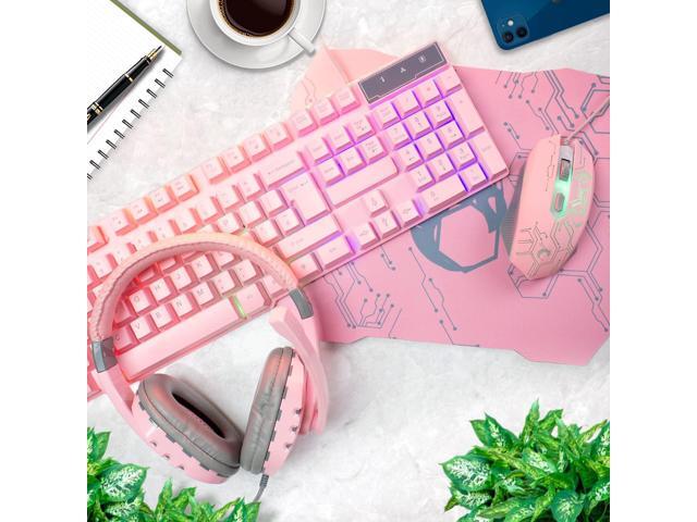 Pink Gaming keyboard and mouse headset headphones and mouse pad, wired LED RGB Backlight Bundle Pink PC accessories for gamers and Xbox and PS4 PS5...