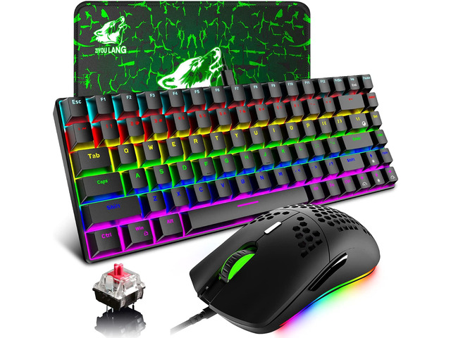 Gaming Keyboard and Mouse with Mechanical Red Switch Rainbow Backlit Wired Type-C 84 Keys Anti-ghosting,RGB 12000 DPI Lightweight Honeycomb Shell...