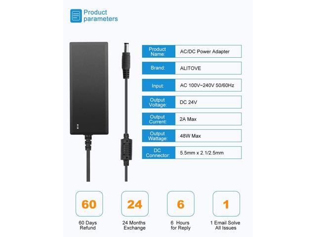 ALITOVE 24V DC Power Supply 2A 48W AC/DC Adapter 100~240V AC to DC 24 Volt 2 Amp Converter 24 vdc 2000mA 1.8A 1.5A 1.3A 1.2A with 5.5mmx 2.5mm...