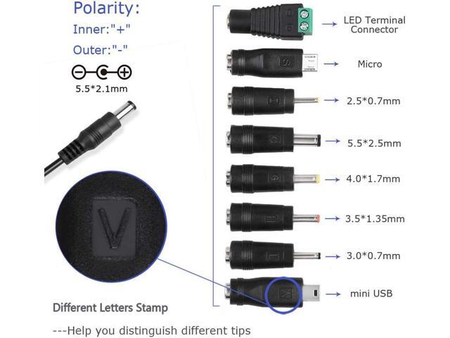 Universal AC DC 5V 1A 2A/2000mA Power Supply Cord Adapter Charger with 8 Variable Plug Tips (Include 5.5mm / 3.5mm / Mini USB/Micro USB / 4.7mm...