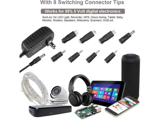 DC 5V 2A 2000mA Power Supply Cord Charger Multi Tips 10W AC Adapter with 8 Selectable Multiple Switching Connectors for TV Box LED Lights Strip...