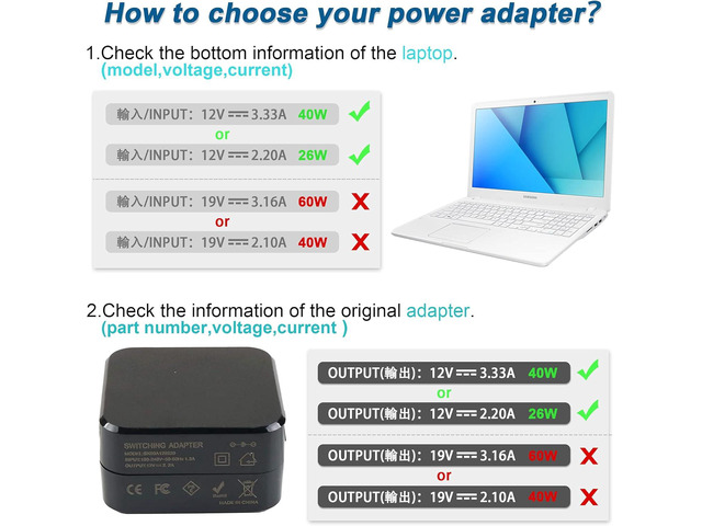 12V 40W/26W AC Adapter Laptop Charger for Samsung 11.6-inch Chromebook 2 3 XE500