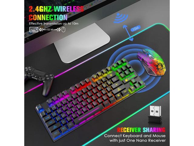 Wireless Gaming Keyboard and Mouse Combo,Rainbow Backlit Rechargeable 3800mAh Battery,87 Keys Mechanical Feel Ergonomic Waterproof Keyboard,RGB...