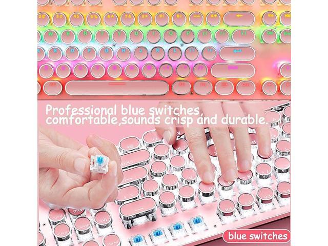 Gaming keyboard,Pink Retro Punk Typewriter Style,Mechanical Keyboard 104 Keys Blue Switch with 9 True RGB Backlight Modes,Wired Cute Keyboard,...