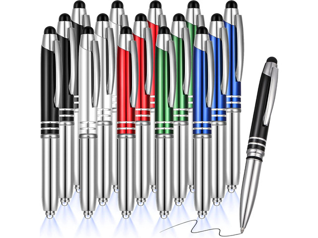 Zonon 15 Pieces 3 in 1 Ballpoint Pen with LED Flashlight and Stylus Tip Multi-Function Capacitive Pen, 1.0 mm Black Ink Metal Ballpoint for Touch...