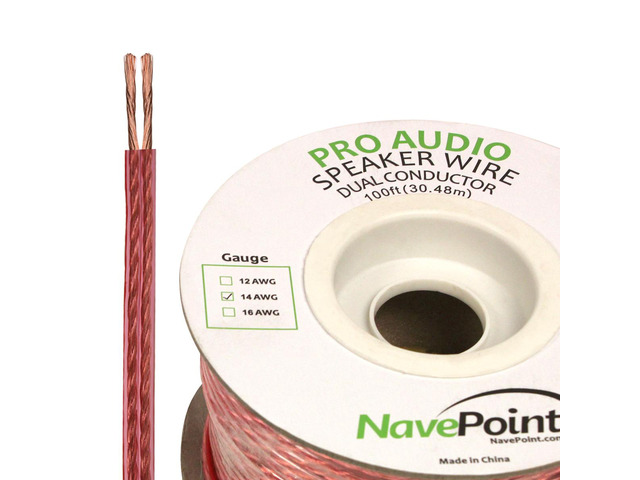 NavePoint 100ft In Wall Audio Speaker Cable Wire CL2 14/2 AWG Gauge 2 Conductor Bulk Clear