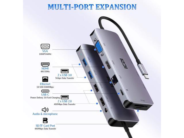 USB C Hub, ICZI 11 in 1 USB Hub 4K HDMI Adapter, USB C Laptop Docking Station with Audio/AUX, 100W PD, VGA, Ethernet, 4 USB Ports, SD/TF, USB C...