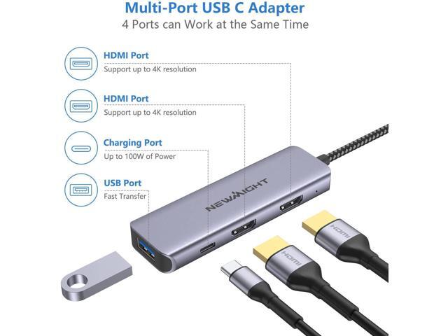 Dual HDMI Adapter for 2 Monitors, Newmight 4 in 1 USB C to Dual HDMI Adapter 4K@30Hz with 100W PD Charging, USB-A Port, HDMI Adapter for Dual...