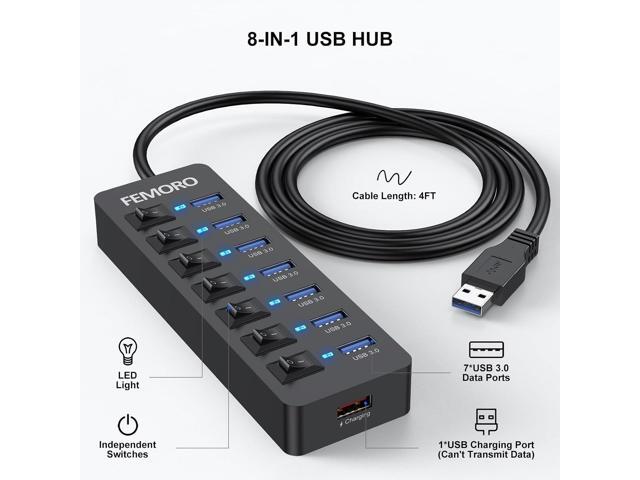 Powered USB Hub 3.0, FEMORO Data 7 Ports and USB Charging 1 Port Multi USB 3.0 Splitter with Individual LED Switches Power Adapter 4FT Extender...