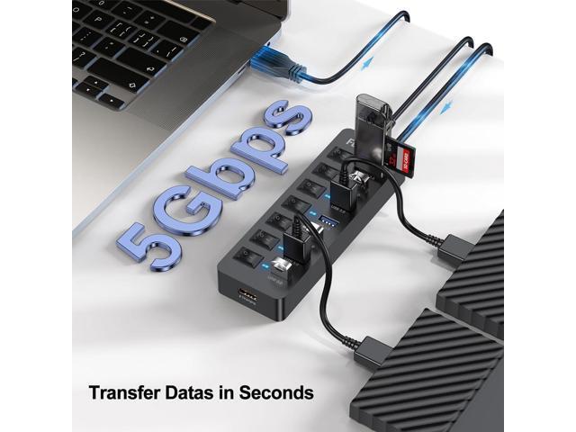 Powered USB Hub 3.0, FEMORO Data 7 Ports and USB Charging 1 Port Multi USB 3.0 Splitter with Individual LED Switches Power Adapter 4FT Extender...