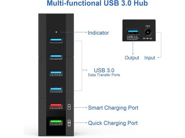 Powered USB 3.0 Hub, RAOYI 6 Ports High Speed USB 3.0 Hub Splitter with 24W Power Adapter, 3.3ft Cable and Smart Fast Charger USB Hub for Laptop,...