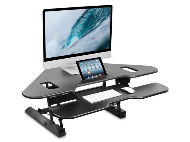 Mount-It! Corner Standing Desk Converter Height Adjustable 48" Wide Desktop Corner Stand Up Desk with Gas Spring Handle Black