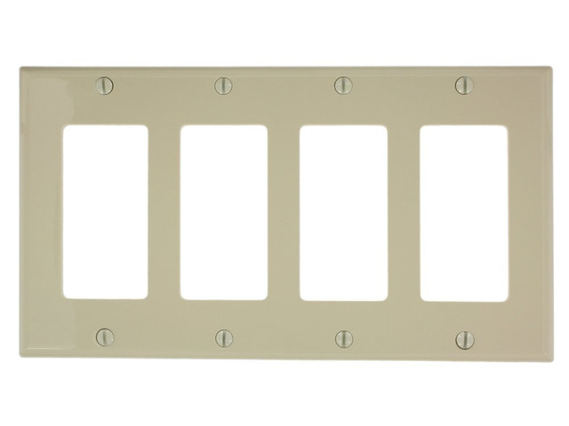 Leviton 4-Gang Decora GFCI Rocker Switch Wall Plate, Standard Size Cover, Unbreakable Nylon, Device Mount, 80412-NI, Ivory