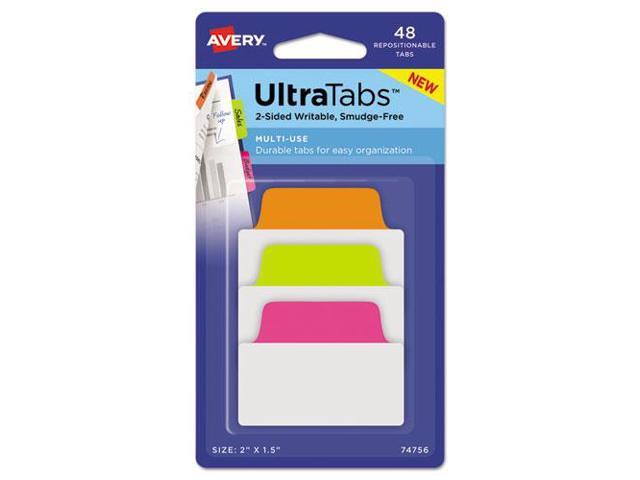 Avery Ultra Tabs Repositionable Tabs 2 x 1 1/2 Neon: Green Orange Pink 48/Pack 74756