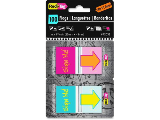 Pop-Up Fab Page Flags w/Dispenser, 'Sign Me!', Red/Orange, Teal/Yellow, 100/Pack