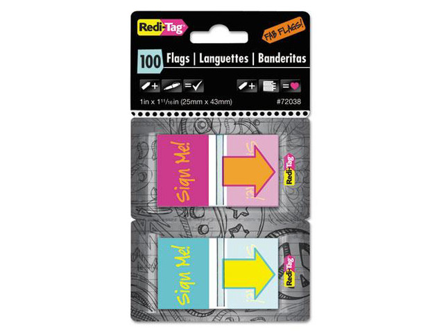 Pop-Up Fab Page Flags w/Dispenser, 'Sign Me!', Red/Orange, Teal/Yellow, 100/Pack