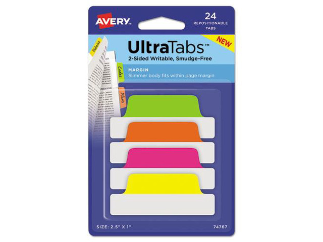 Avery Ultra Tabs Repositionable Tabs 2.5 x 1 Neon:Green Orange Pink Yellow 24/Pk