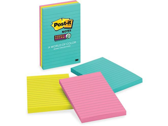 Post-it Super Sticky Pads in Miami Colors 4 x 6 Miami 90/Pad 3 Pads/Pack 6603SSMIA