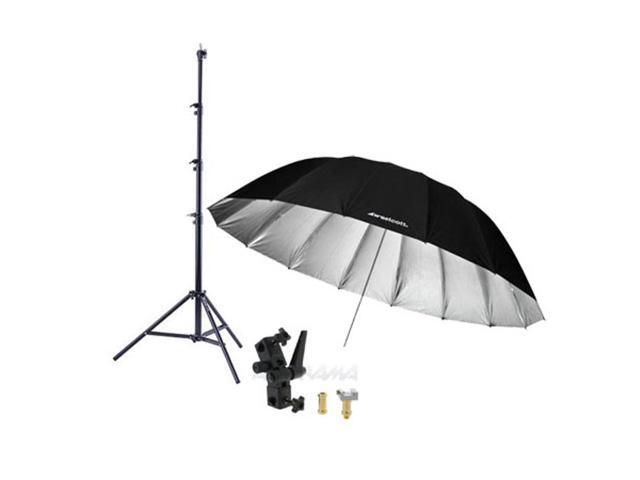 Westcott 7 Feet Silver Parabolic Umbrella BUNDLE with Umbrella Bracket / Adjutsable Flash Mount, 9.5' Black Lightstand