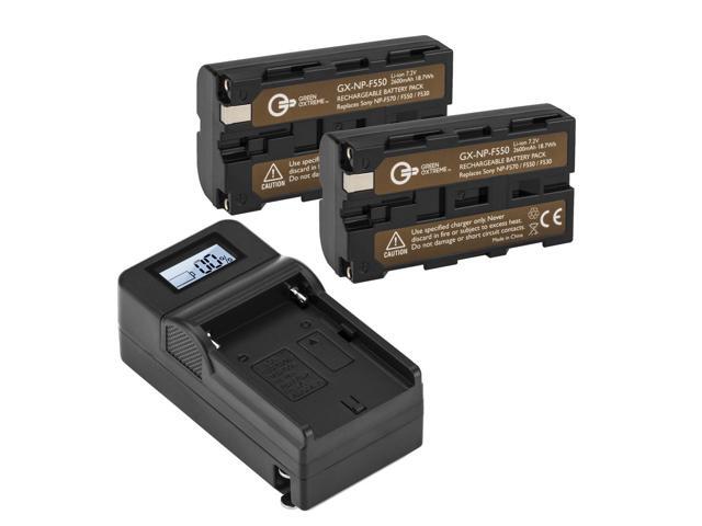 Green Extreme 2x NP-F550 7.2V 18.72Wh Batteries, Bundle with Green Extreme Smart Charger Base, Green Extreme Charger Plate