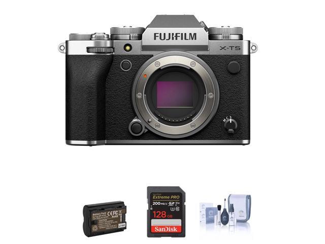 Fujifilm X-T5 Mirrorless Camera, Silver Bundle with 128GB SD Card, Extra Battery, Cleaning Kit
