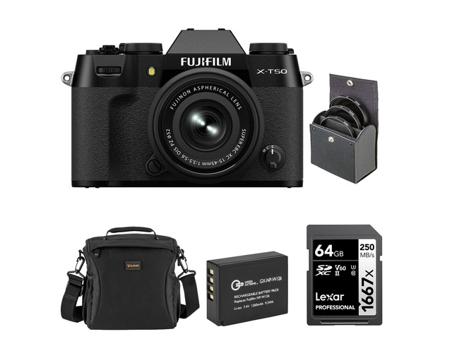Fujifilm X-T50 Mirrorless Camera with XC 15-45mm f/3.5-5.6 OIS PZ Lens, Black, Bundle with Li-Ion Battery, 64GB SDXC Memory Card and 52mm Filter Kit