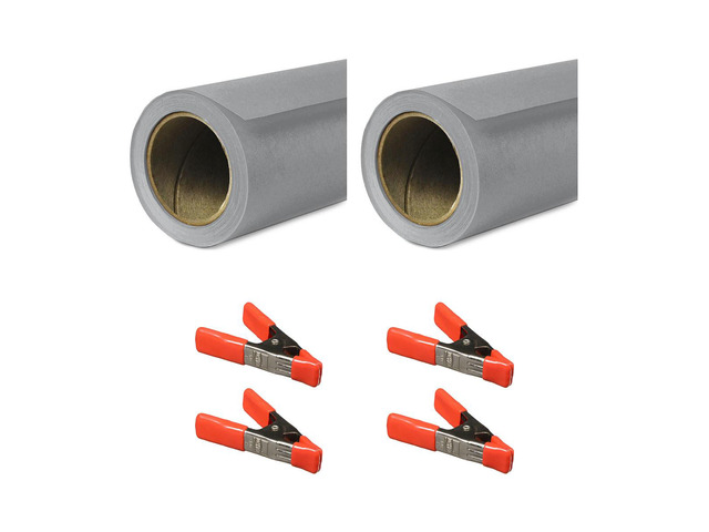 Savage 53'x36' Widetone Seamless Background Paper, Fashion Gray, 2-Pack, Bundle with 4x 1-1/4x1' Steel Spring Orange Clamp