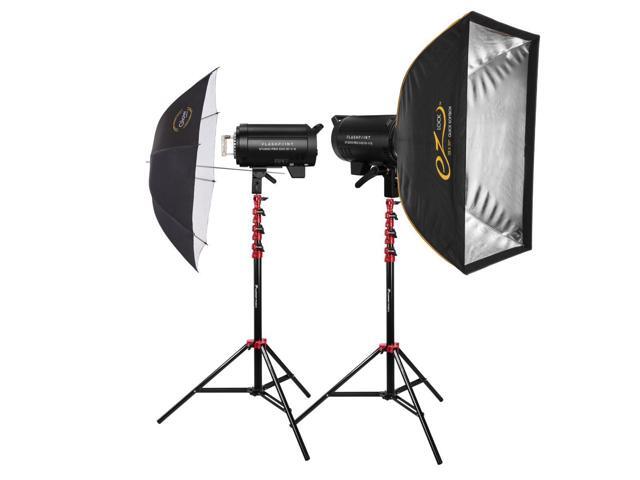 Flashpoint Studio Pro 600 III-V 600W R2 Flash 2-Light Kit with LED Lamp, Bundle with Stands, Softbox and Umbrella