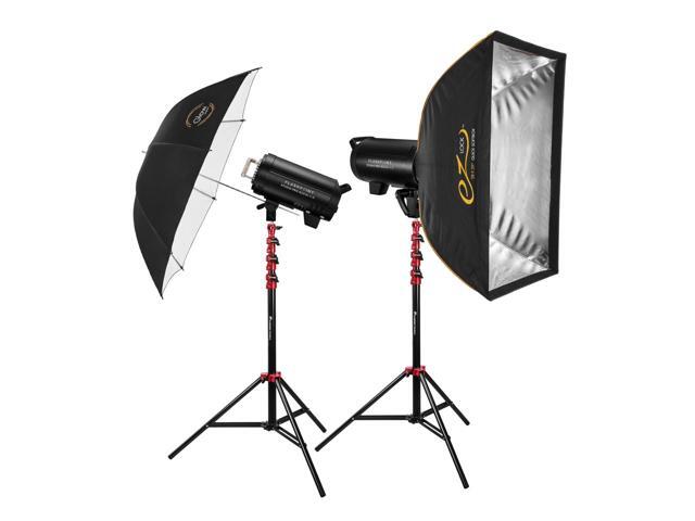 Flashpoint Studio Pro 800 III-V 800W R2 Flash 2-Light Kit with LED Lamp, Bundle with Stands, Softbox and Umbrella