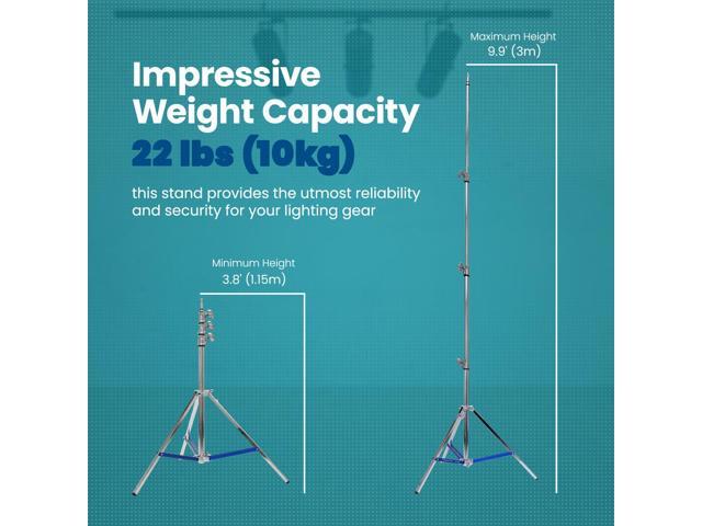 Flashpoint 9.9ft Steel Light Stand Pro with Leveling Leg, Silver, Max Load 22lb