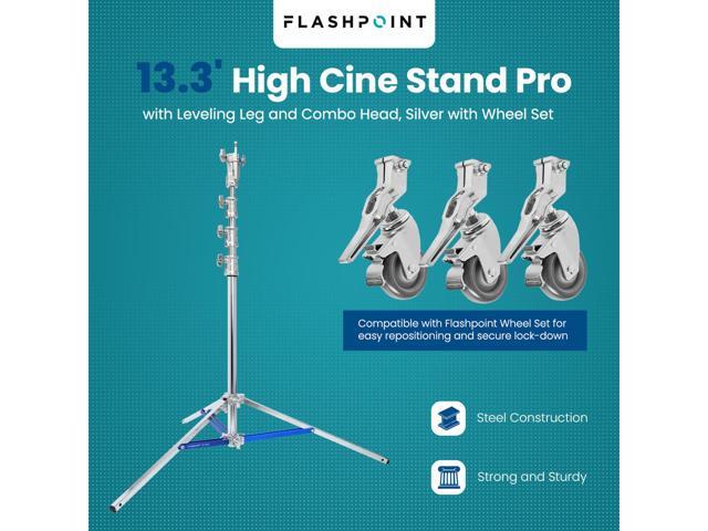 Flashpoint 13.3' High Cine Stand Pro with Combo Head, Silver, Bundle with 3x Wheels