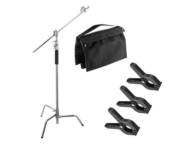 Flashpoint 10' C Light Stand on Turtle Base Kit, Chrome, Bundle with Spring Clamps and Saddle Sandbag