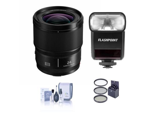 Panasonic LUMIX S 24mm f/1.8 Lens for L Mount, Bundle with Flashpoint Zoom-Mini TTL R2 Flash, 67mm Filter Kit, Cleaning Kit