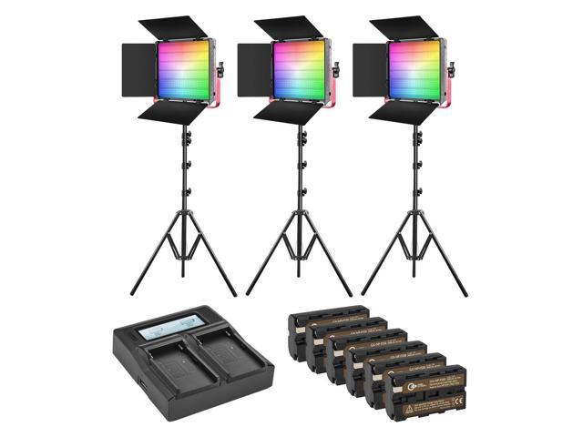 Great Video Maker 1200D 50W Bi-Color RGB Studio Soft LED Panel 3-Light Kit, Bundle with Green Extreme NP-F550 Lithium-Ion Battery, Dual Smart...