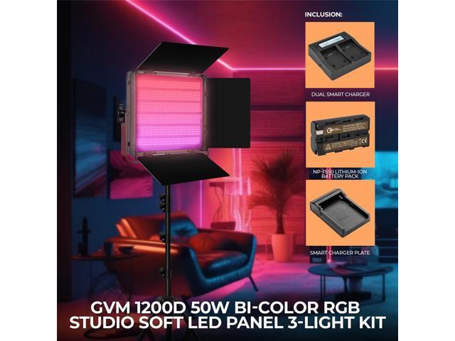 Great Video Maker 1200D 50W Bi-Color RGB Studio Soft LED Panel 3-Light Kit, Bundle with Green Extreme NP-F550 Lithium-Ion Battery, Dual Smart...