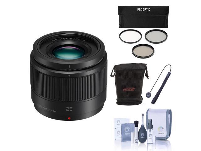 panasonic 25mm f/1.7 lumix g aspherical lens for micro 4/3 system bundle with soft lens case, 46mm filter kit, cleaning kit, capleash ii