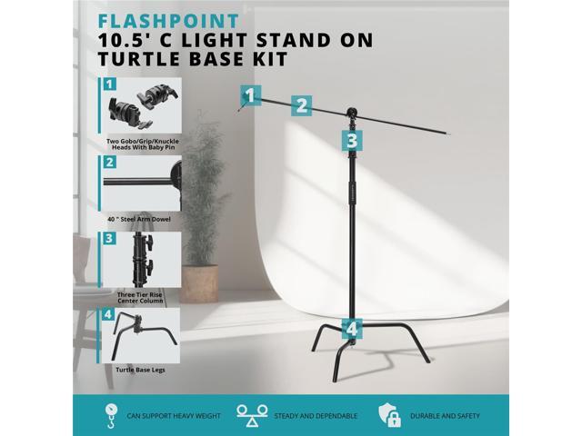 Flashpoint 10.5' C Light Stand on Turtle Base Kit with Two Tier Spring Loaded Riser Column, 40' Grip Arm, Two 3' Gobo Heads and Baby Pin, Black,...