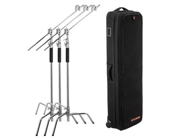 Flashpoint 10' Century Light Stand on Turtle Base Kit, Chrome, 3-Pack w/Slinger L6 BigBag Rolling Bag for 3 C Stand, Two Tier Spring Loaded Riser...