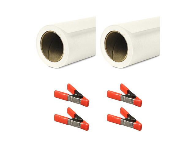 Savage 107'x36' Widetone Seamless Background Paper, White, 2-Pack, Bundle with 4x 1-1/4x1' Steel Spring Orange Clamp