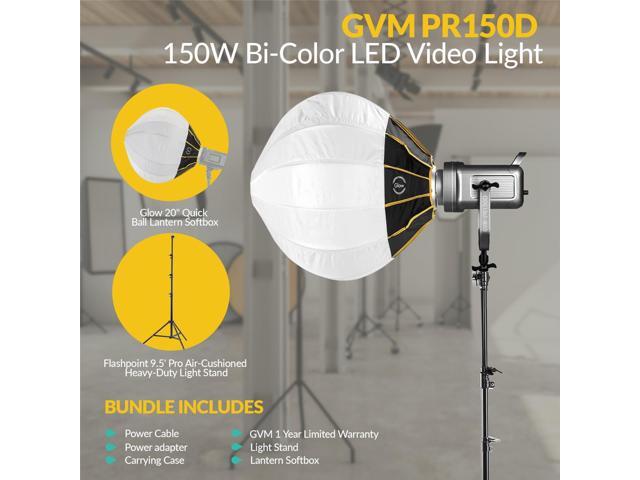 GVM PR150D 150W Bi-Color LED Video Light, Bundle with Glow 20' Quick Ball Lantern Softbox and Flashpoint 9.5' Pro Air-Cushioned Heavy-Duty Light Stand